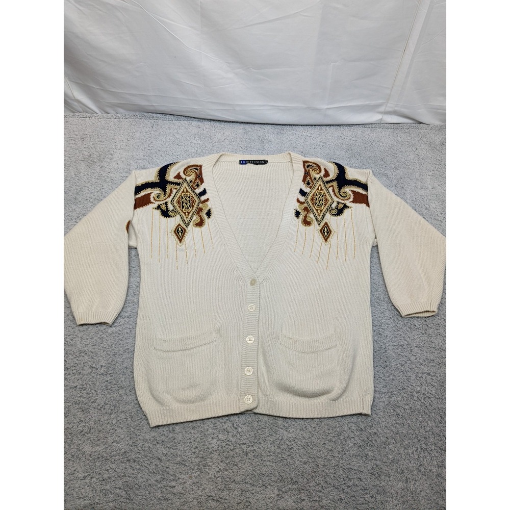 Vtg I.B. Diffusion Chunky Knit Cardigan Large Cream & Gold Embroidered Y2K Retro